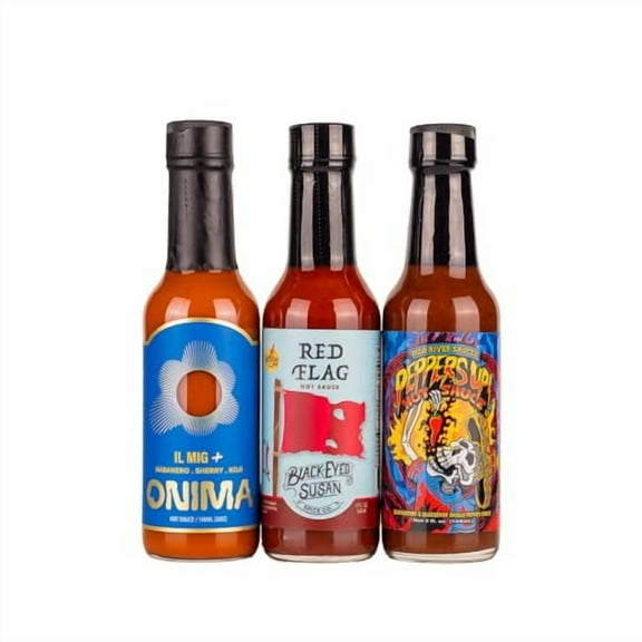 Hot Ones Season 24 Heat Pack, Hot Sauce Pack With Onima (IL MIG ), Black-Eyed Susan (Red Flag), High River Sauces (Peppers Up!), Made With All Natural Ingredients, 5 fl oz Bottles (3-Pack)
