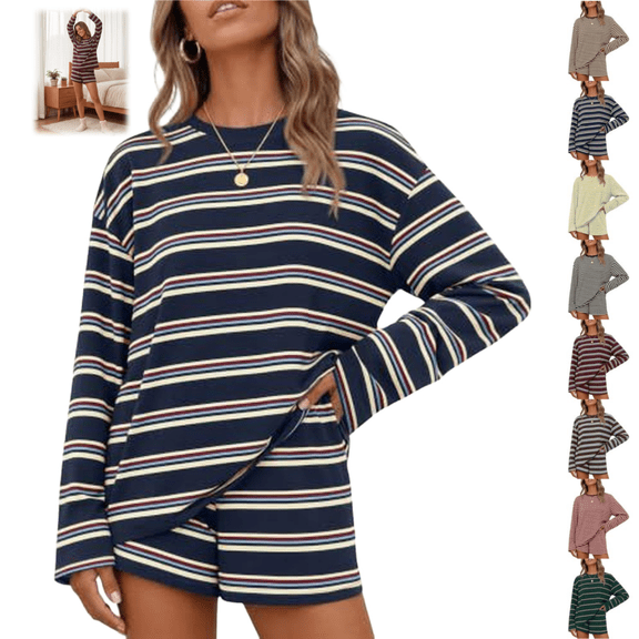 Women's Striped Loose Round Neck Long Sleeved Elastic Shorts Two-Piece Set,2XL,Navy