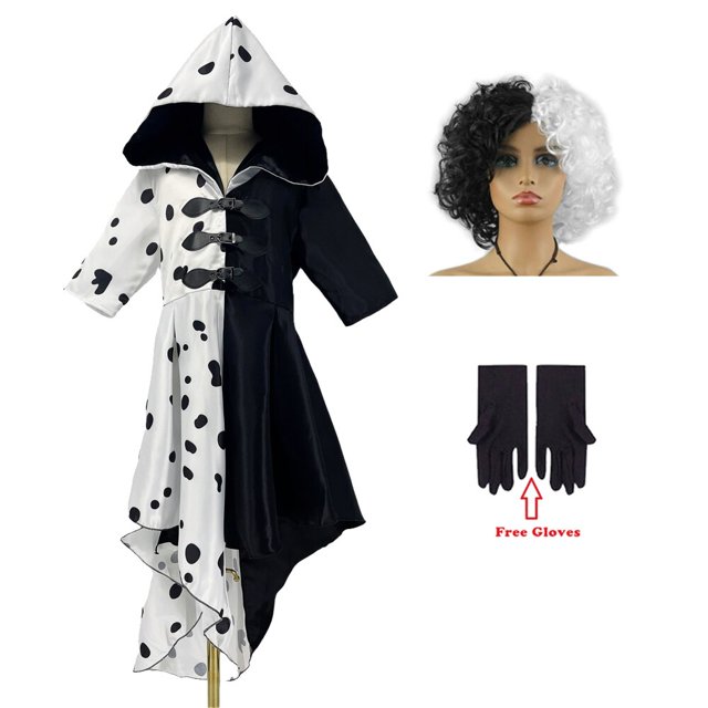 Disfraz De dama malvada Cruella De Vil para Halloween, vestido De noche De princesa para niñas, medio negro, Media peluca blanca, Verano xuanjing unisex