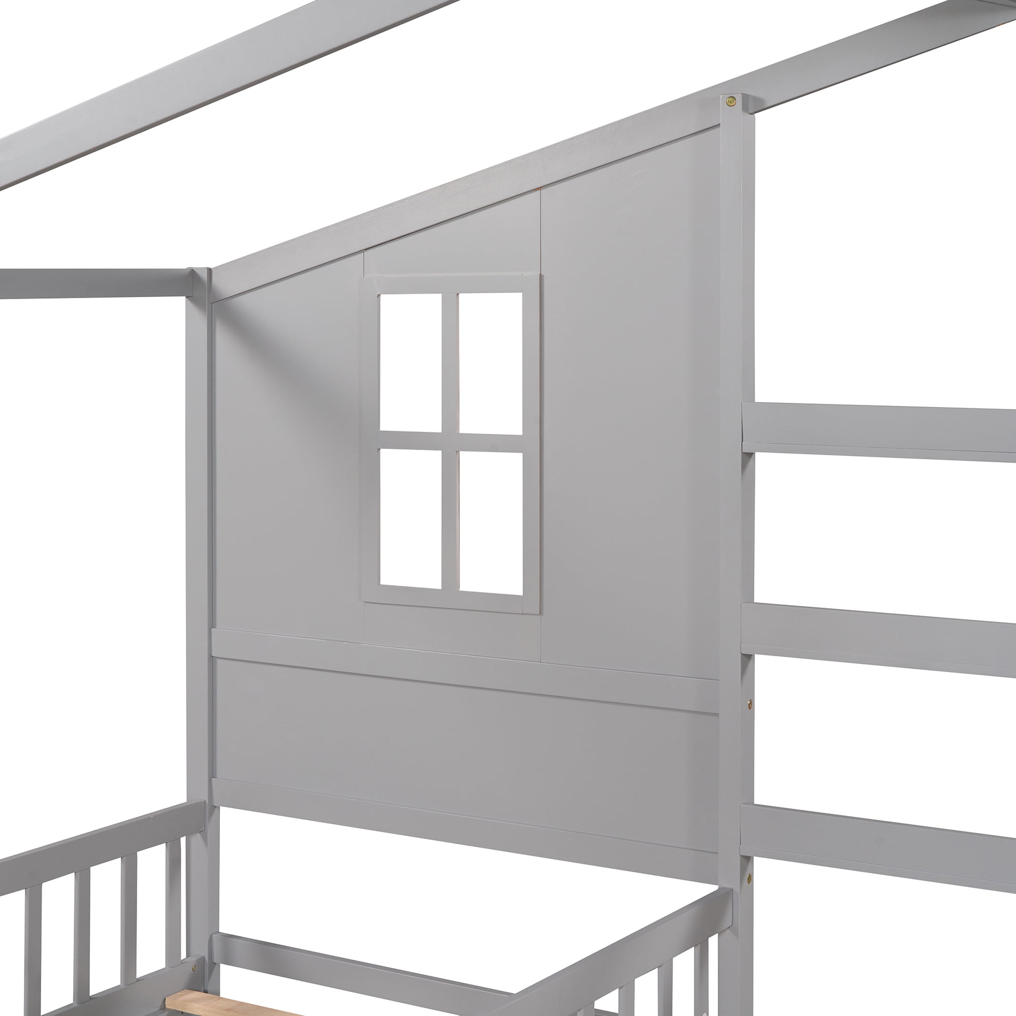 Bellemave House Beds for 2, Wood L-Shape Twin Bed Frame with Roof and Fence Railings, Double Twin Size Montessori Bed Frame No Box Spring Needed (Grey)