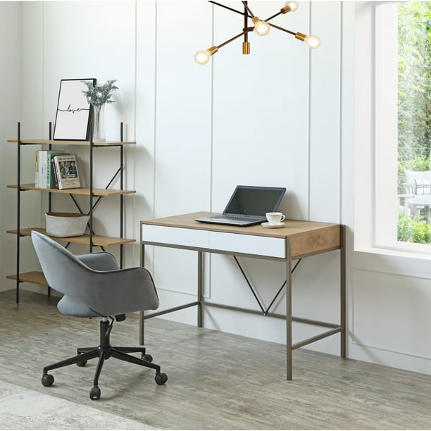 Farrah Rectangular MDF Desk with 2 Storage Drawers, Natural/Bronze