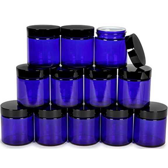 Vivaplex, 12, Cobalt Blue, 4 oz, Round Glass Jars, with Inner Liners and Black Lids