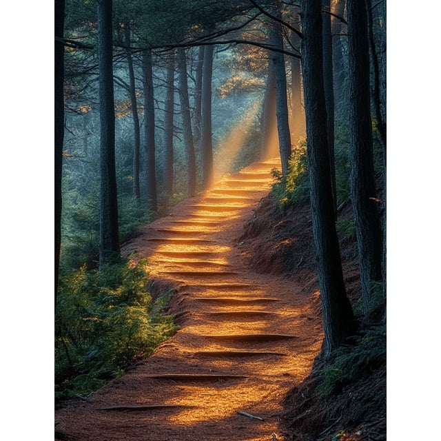 Qisvanset Framed Canvas Wall Art 12x16 Inch Sunlit Misty Forest Path Tranquil Nature Decor