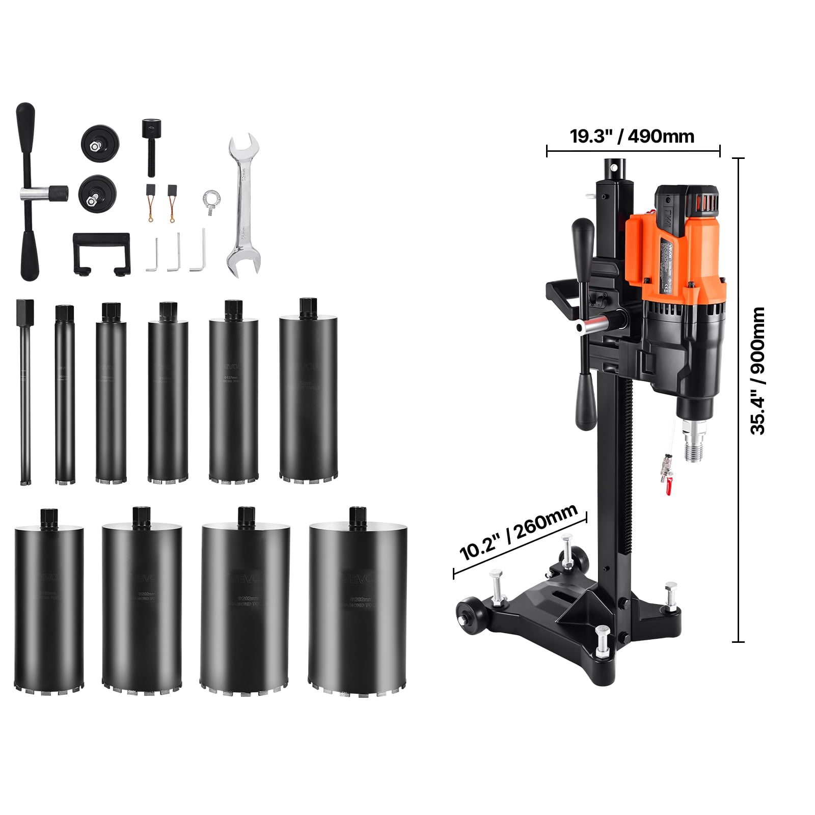 VEVOR Diamond Core Drilling Machine, 0.8-10 in Drilling Diameter, Stand-Mount Dry and Wet Concrete Core Drill Rig with 10 Bits, 470/800 RPM 2-Speed, UNC1 1/4-7 Thread, for Concrete Brick Stone, 2500W