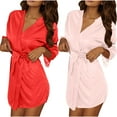 thumbnail image 2 of 2 Pack Women Short Satin Wrap Robes, Long Sleeve V Neck Belted Nightgown, Elegant Ladies Home Spa Sleep Loungewear Beige One Size, 2 of 9
