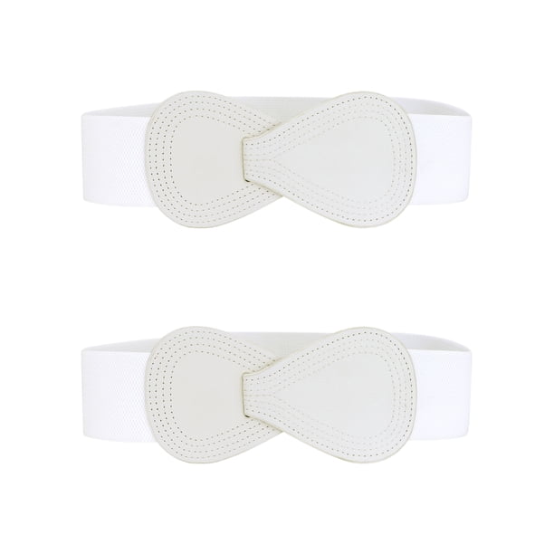 Cinturón elástico de cuero sintético con hebilla en forma de 8 de 2 piezas Inspire Chic para dama 27x2.36" (LxW) Blanco