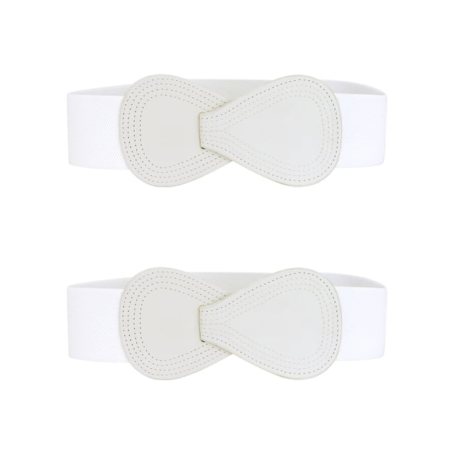 Cinturón elástico de cuero sintético con hebilla en forma de 8 Inspire Chic de 2 piezas para dama 39.4x2.36" (LxW) Blanco