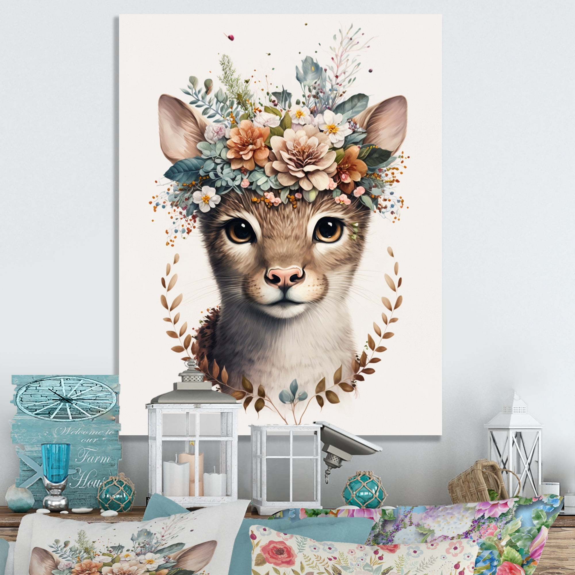 Designart Cute Baby Cat With Floral Crown II Canvas Wall Art