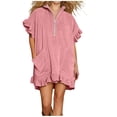 thumbnail image 2 of Smsaxvxz Summer Dresses for Women Fashion Solid V Neck Ruffle Short Sleeve Casual Loose Pocket T-Shirt Dress Pink M, 2 of 7
