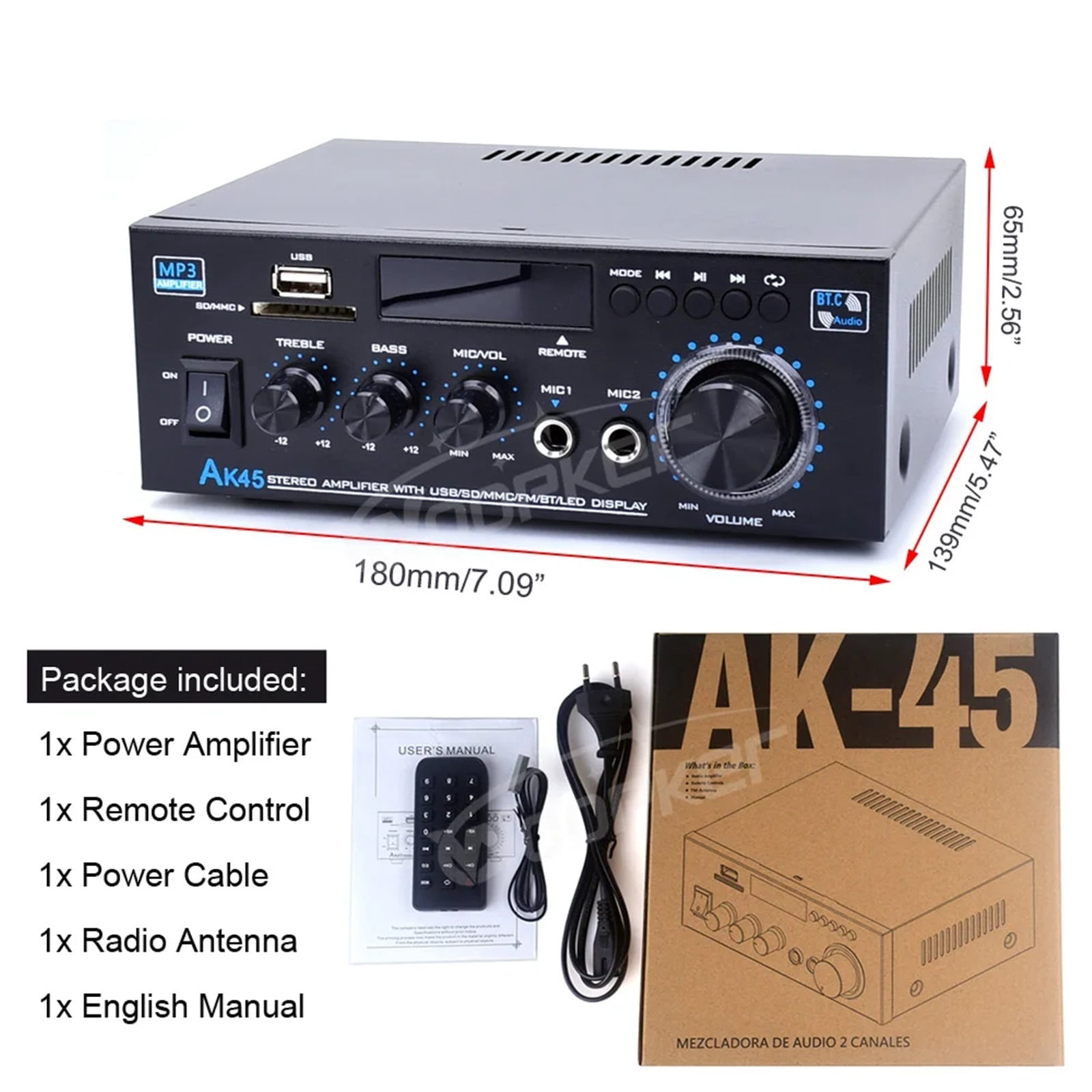 AK45 HiFi Digital Amplifier Max Power 90Wx2 Channel 2.0 Surround Sound AMP Speaker for Home Car ,Bass Treble Control