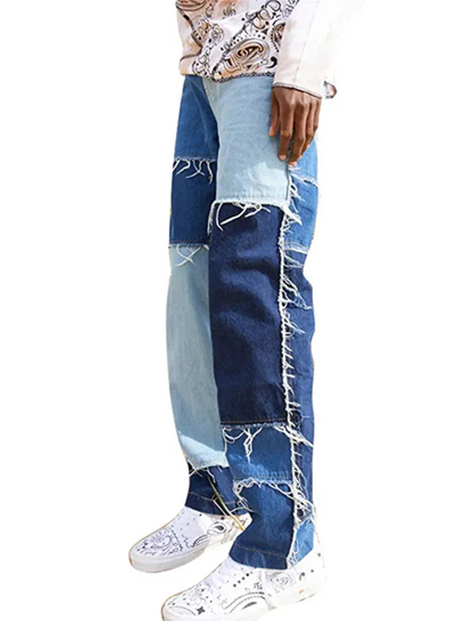 Mens High Waist Patchwork Ripped Distressed Denim Jeans Baggy Pants Trousers