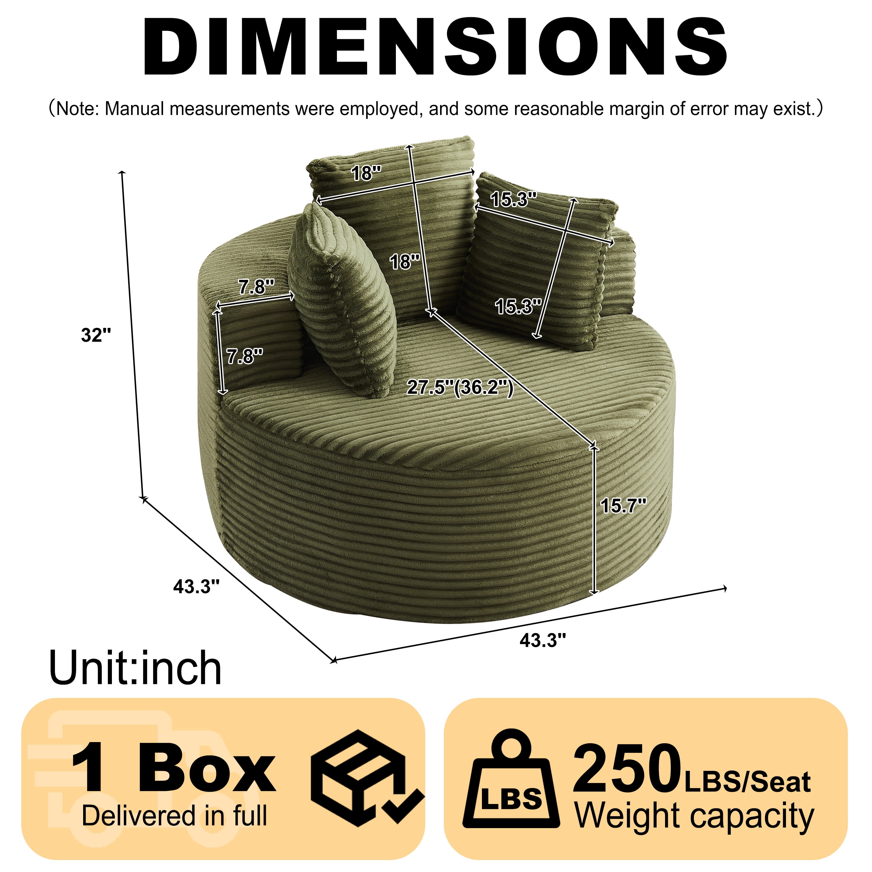 43 Inch Round Corduroy Single Sofa Lounge Chair with 3 Pillows, Spring Coil Filled Compressed Shipment Minimalist Accent Chair for Bedroom Living Room Game Room Lounge