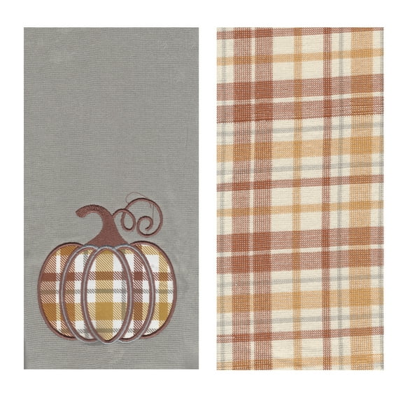 Mainstream Thankful Pumpkin Kitchen Towels 2-Pack Cotton, Gray Fall Plaid Pumpkin, Washable