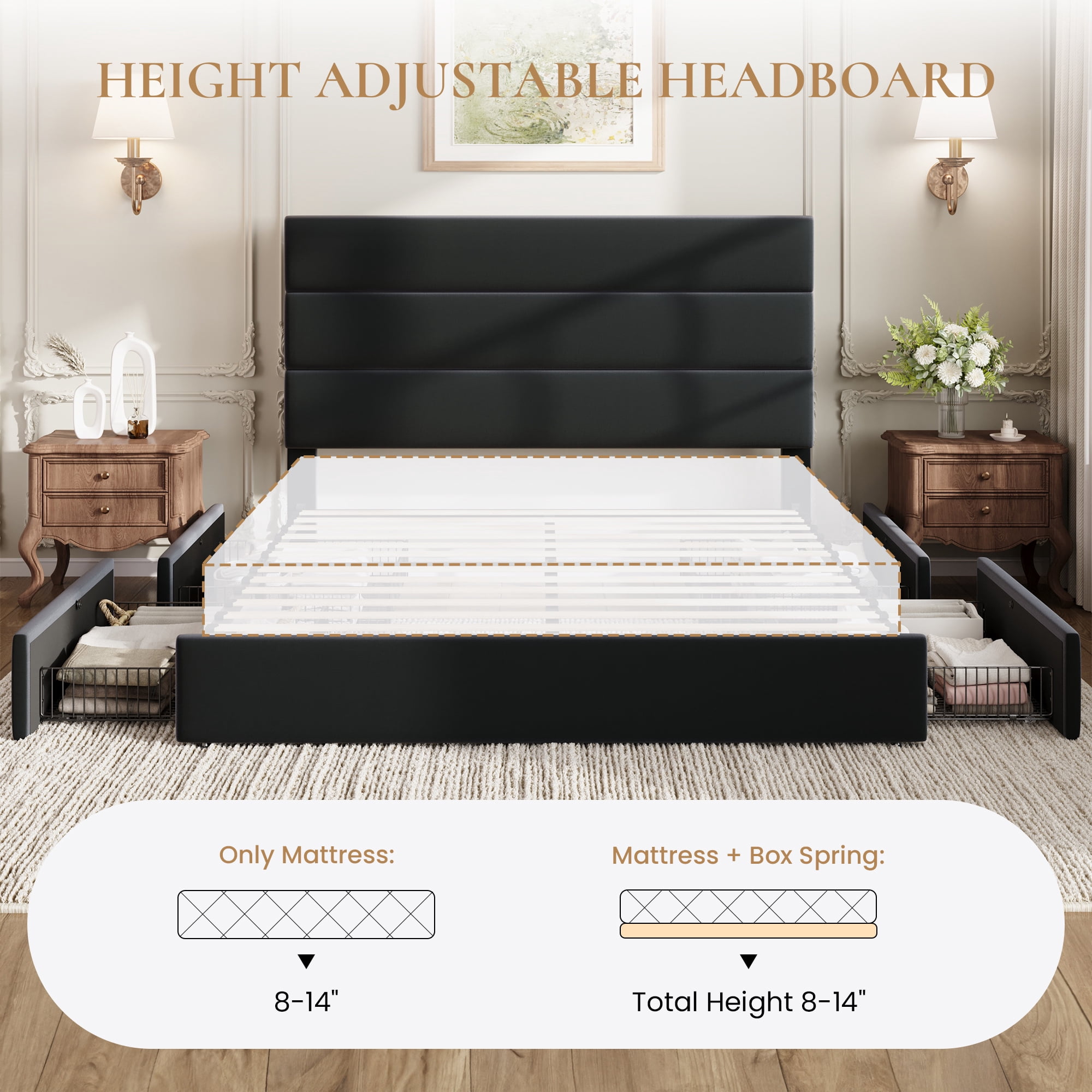 Sha Cerlin Full Size Platform Bed Frame with 4 Storage Drawers, Velvet Upholstered Headboard, Black
