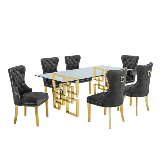 Rectangular Clear Glass 7pc Dining Set with Gold Stainless Steel Base