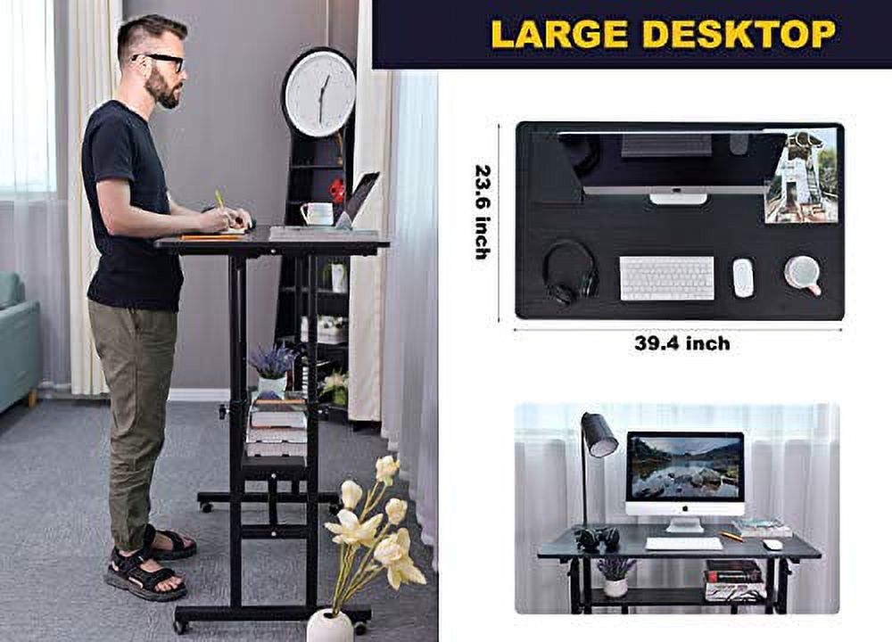 AIZ Mobile Standing Desk, Adjustable Computer Desk Rolling Laptop Cart on Wheels Home Office Computer Workstation, Portable Laptop Stand Tall Table for Standing or Sitting, Black, 39.4" x 23.6" - image 4 of 8