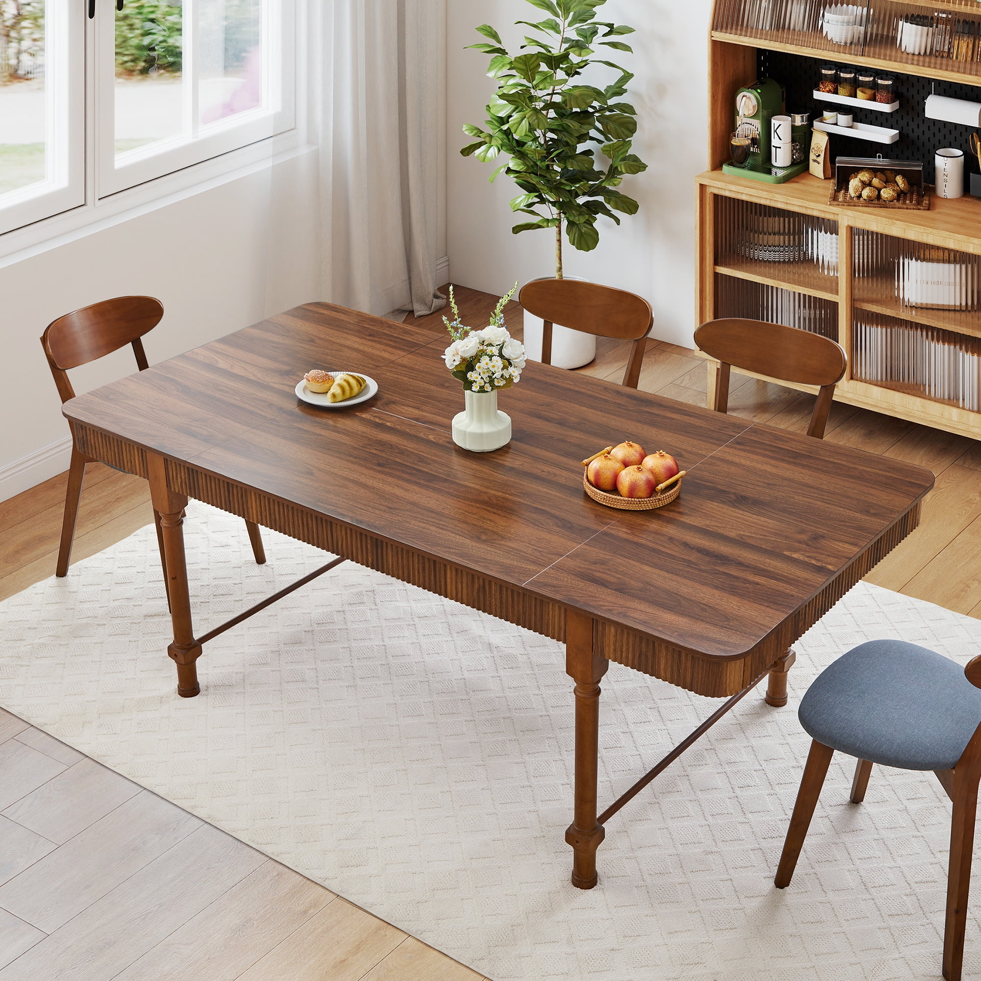 Weselon 78.74" Square Dining Table with 4 Drawers, Wood Fluted Dining Table with Storage Drawers, Seats up to 6,Large Kitchen Table for Casual Meals and Special,Dining Room, Brown