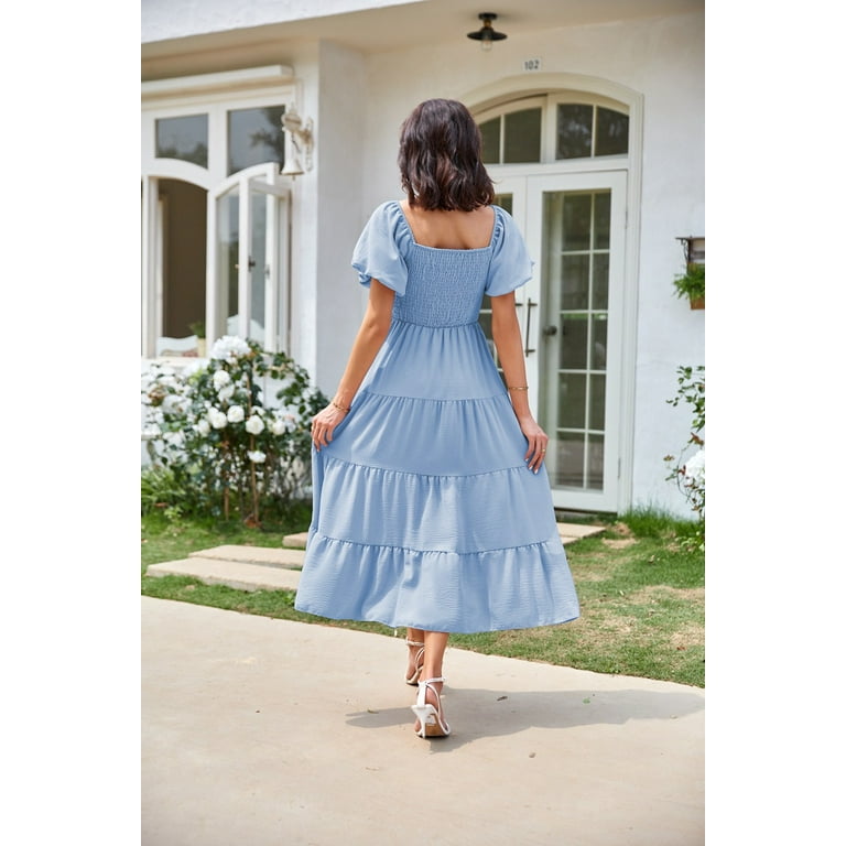 Eternatastic Women Puff Sleeve Square Neck Dresses High Waist A-Line Casual Backless Midi Dress