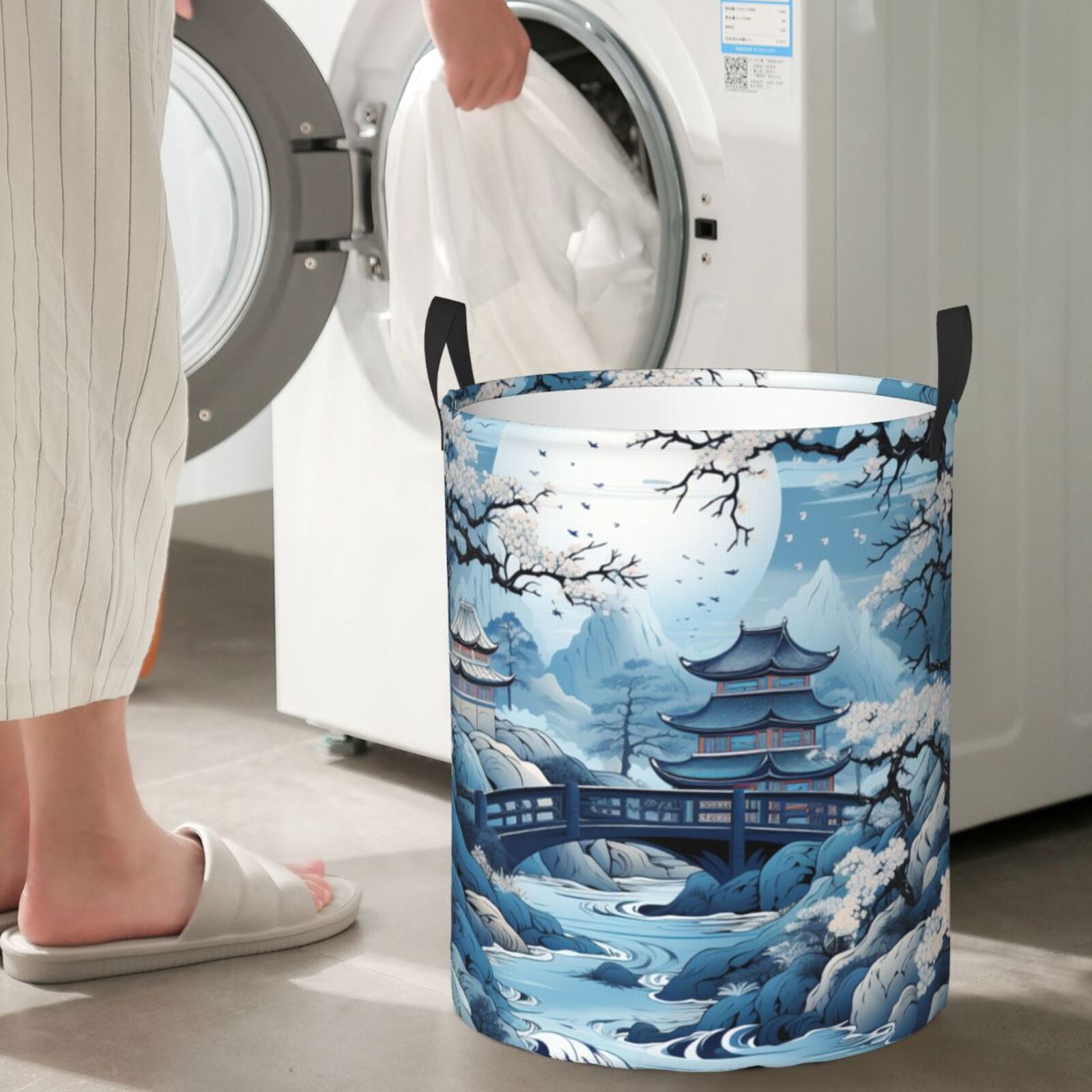 Chinese Style Powder Chinoiserie Toile Blue Foldable Laundry Hamper with Handle Storage Basket for Clothes Toys & Organizing
