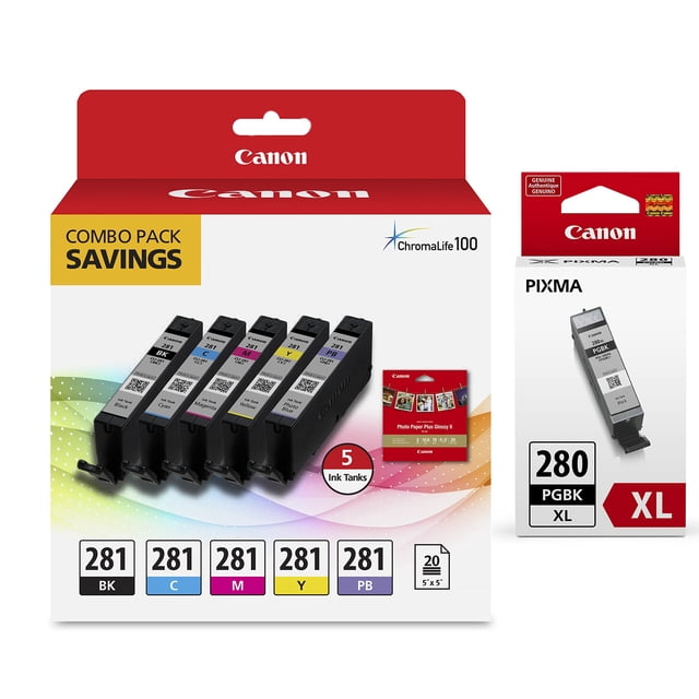Pack Combinado de Tanques de Tinta Canon CLI-281 de 5 Colores con 5 Hojas de Papel Fotográfico 5 x 5"