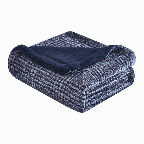 Mantolok Printed Velvet to Sherpa Throw, 50 x 60 inches, Navy Blue, Adult