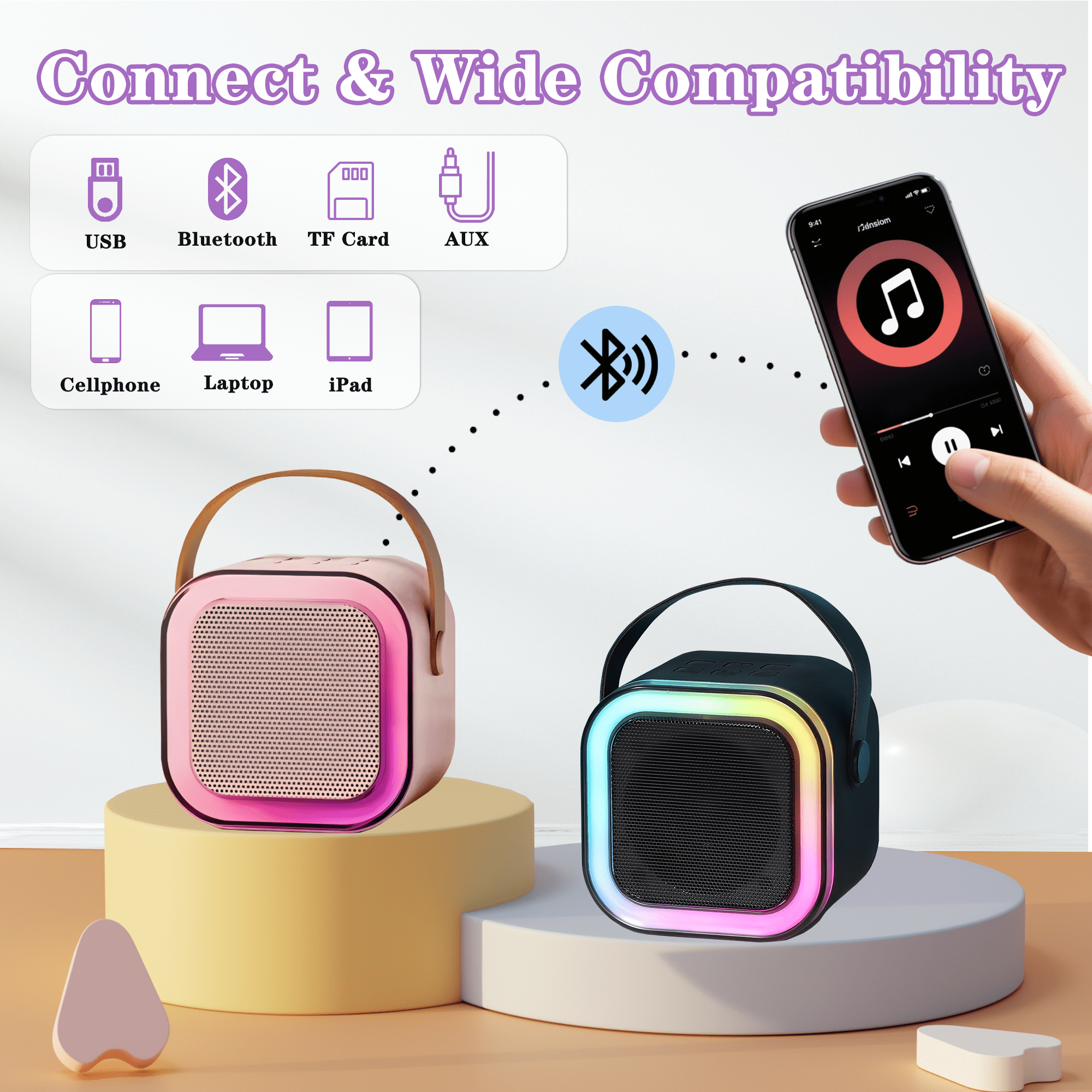 Mini Karaoke Machine for Kids, 2 Wireless Microphones Karaoke, Portable Bluetooth Music Speaker, LED Lights Karaoke Microphone, Voice Changing Microphone, Family Singing, Birthday Karaoke