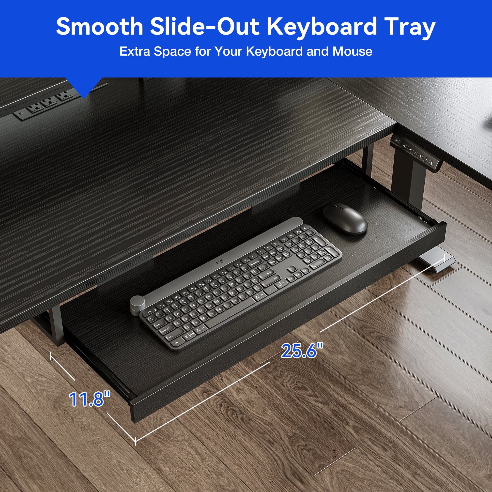 L-Shaped Electric Standing Desk, Height Adjustable Corner Desk with Drawers, Computer Desk with Monitor Shelf & Keyboard Tray, 3 Power Outlets & 2 USB Ports, Black