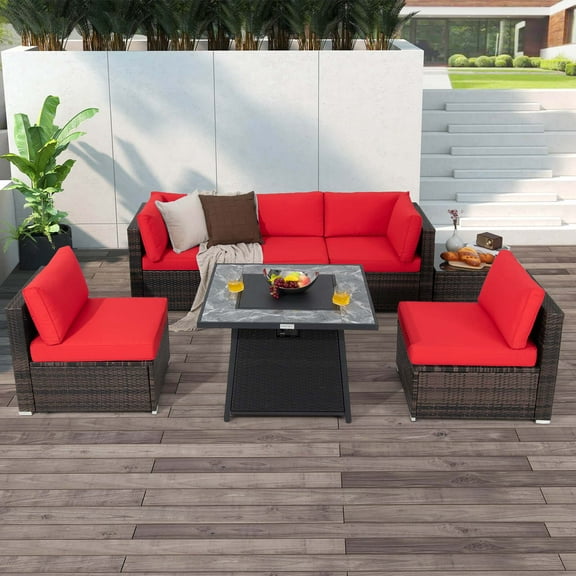 Costway 7 PCS Patio Furniture Set with 35" Propane Gas Fire Pit Table & Waterproof Cover Red