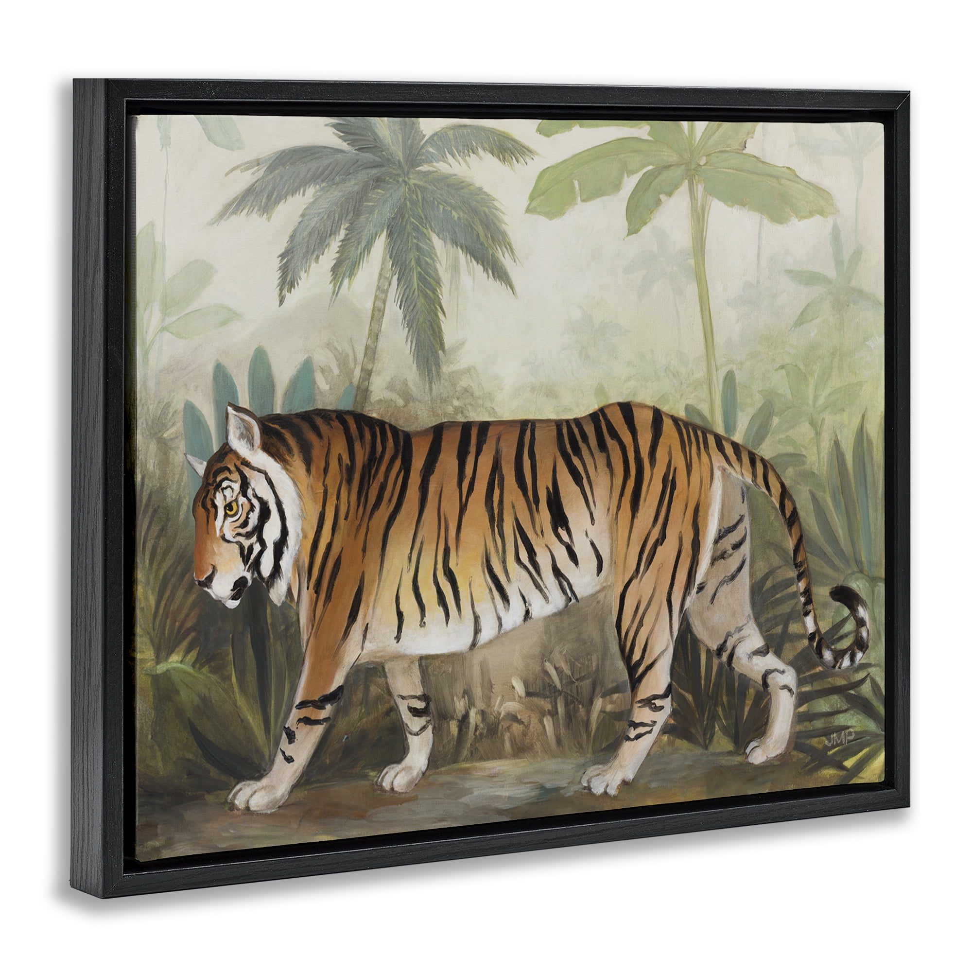 Stupell Industries Prowling Tiger in Forest Landscape Painting Black Floater Framed Canvas Art Print Wall Art, 21 x 17