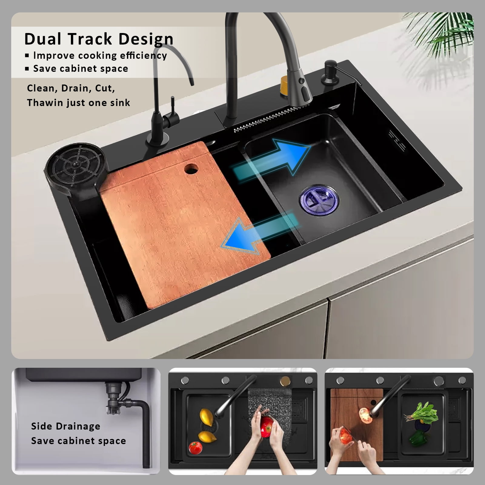 Waterfall Kitchen Sink, Single Bowl Drop in Kitchen Sink with Pull-Out Faucet and Multiple Accessories - 31.5×17.7×8 inch