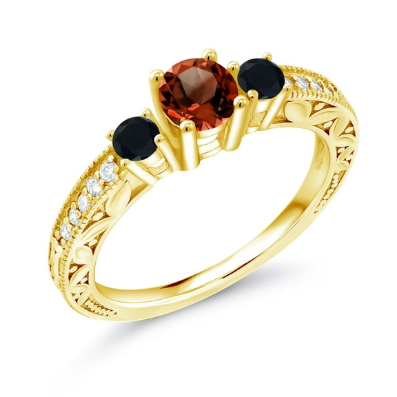 Gem Stone King 1.33 Ct Round Red Garnet Black Onyx 18K Yellow Gold Plated Silver Ring (Size 9)