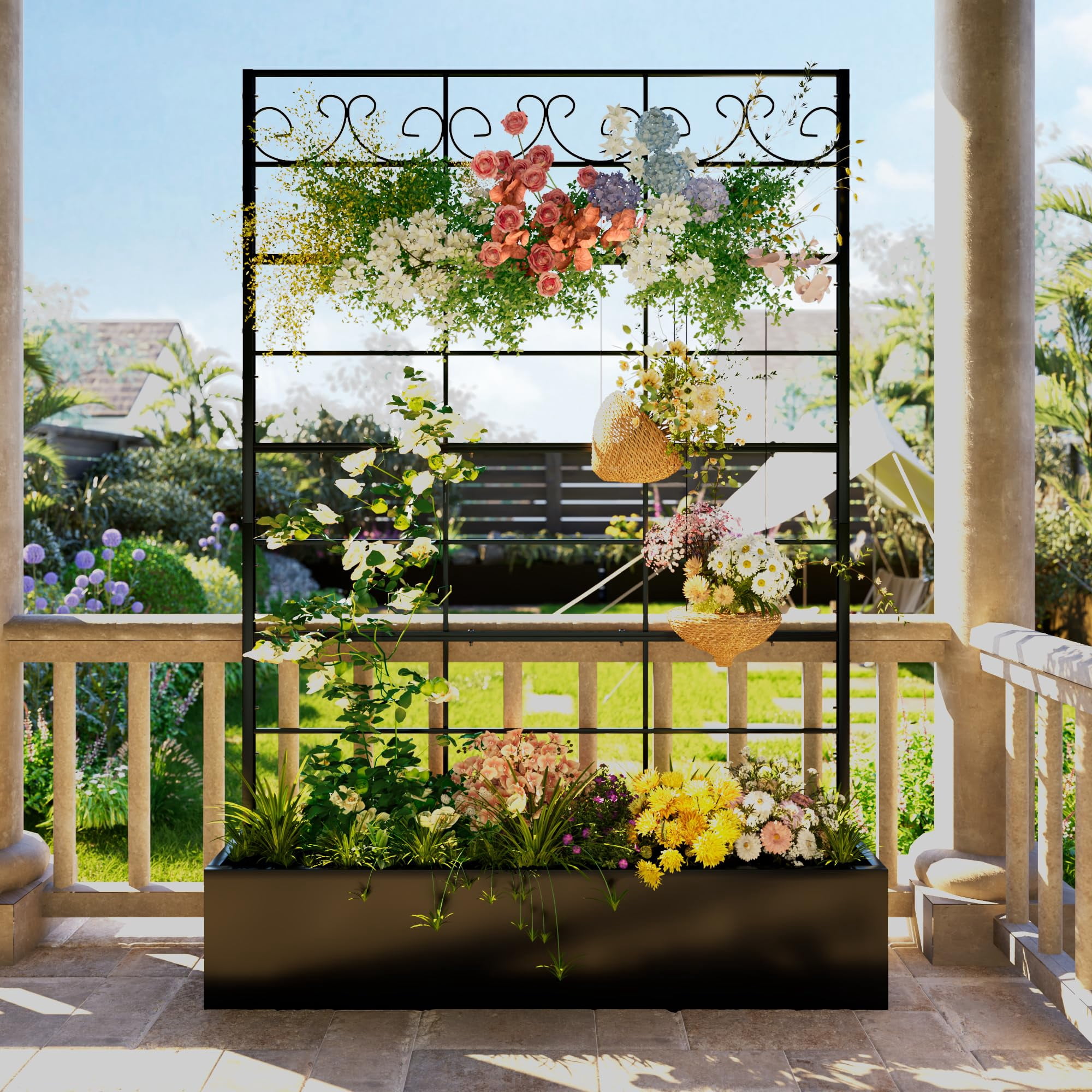 ANPOO Metal Raised Garden Bed with Trellis, 70.9"x47.2"x12" Outdoor Planter Box with Drainage Holes, Black Privacy Screen for Climbing Plants, Patio & Balcony