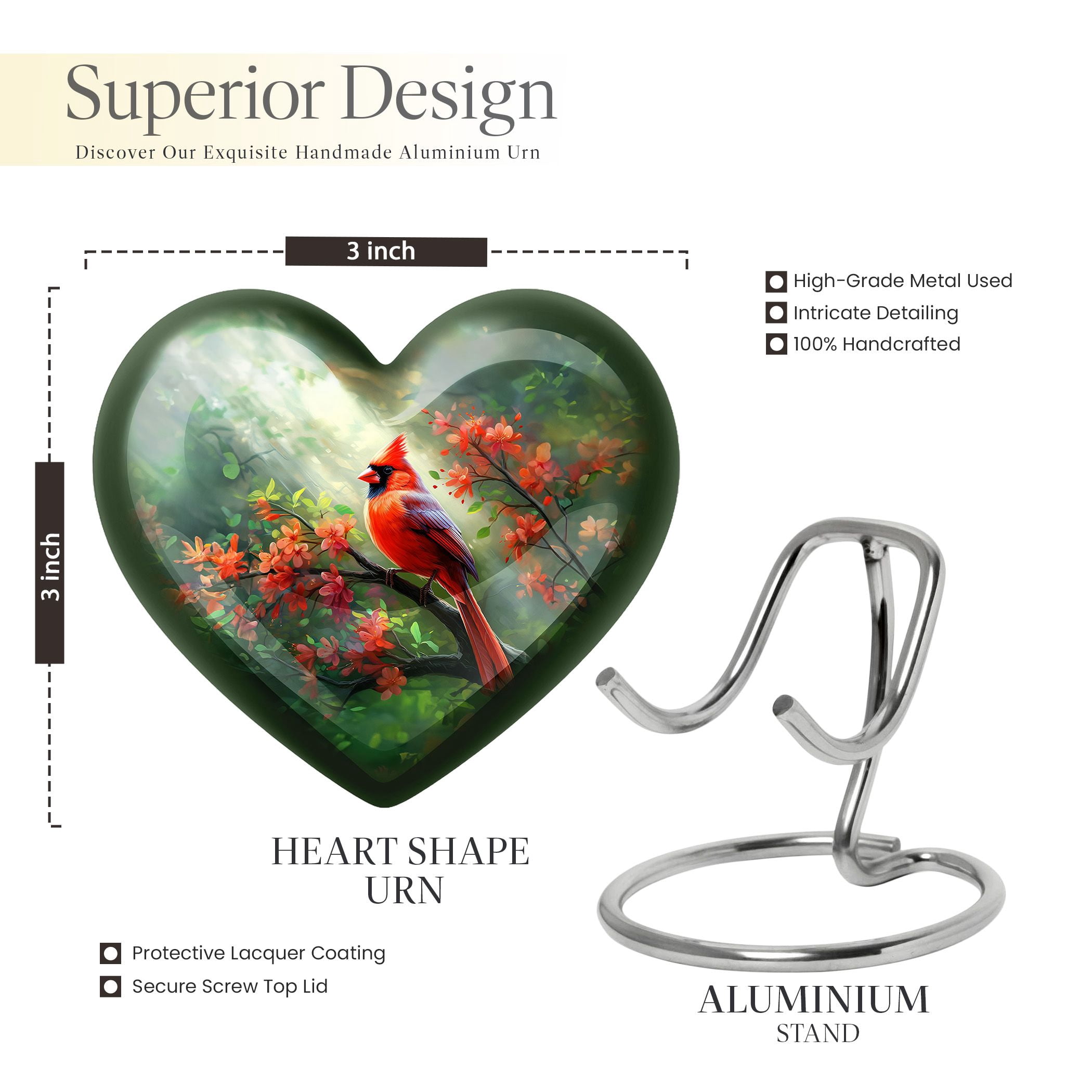 Cardinal Urn - Heart Shaped Urn - Burial Urns For Adult Human Ashes - Funeral Urns For Human Ashes Adult - Urns For Human Ashes For Mother - Urns For Human Ashes Adult Male - 3inch, Set Of 1