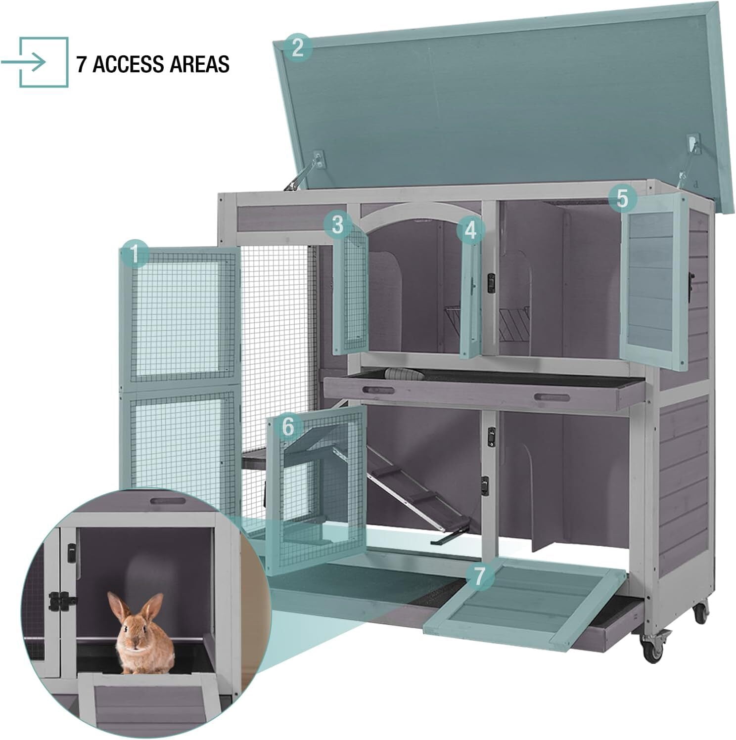 Aivituvin 2-Tier Indoor Rabbit Hutch Bunny House Guinea Pig Cage with Sliding Plastic Trays, Wheels & Ramp, 47.2" Multi-Door Wooden Small Animal Cage for Rabbits, Bunnies, and Guinea Pigs (Grey)