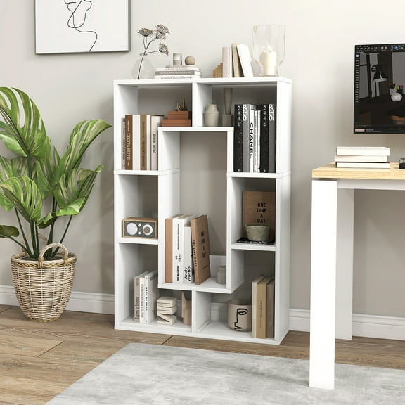Giantex Wood Geometric Bookshelf, Freestanding Open Bookcase w/7 Cubes, Storage Display Rack for Home Office, White