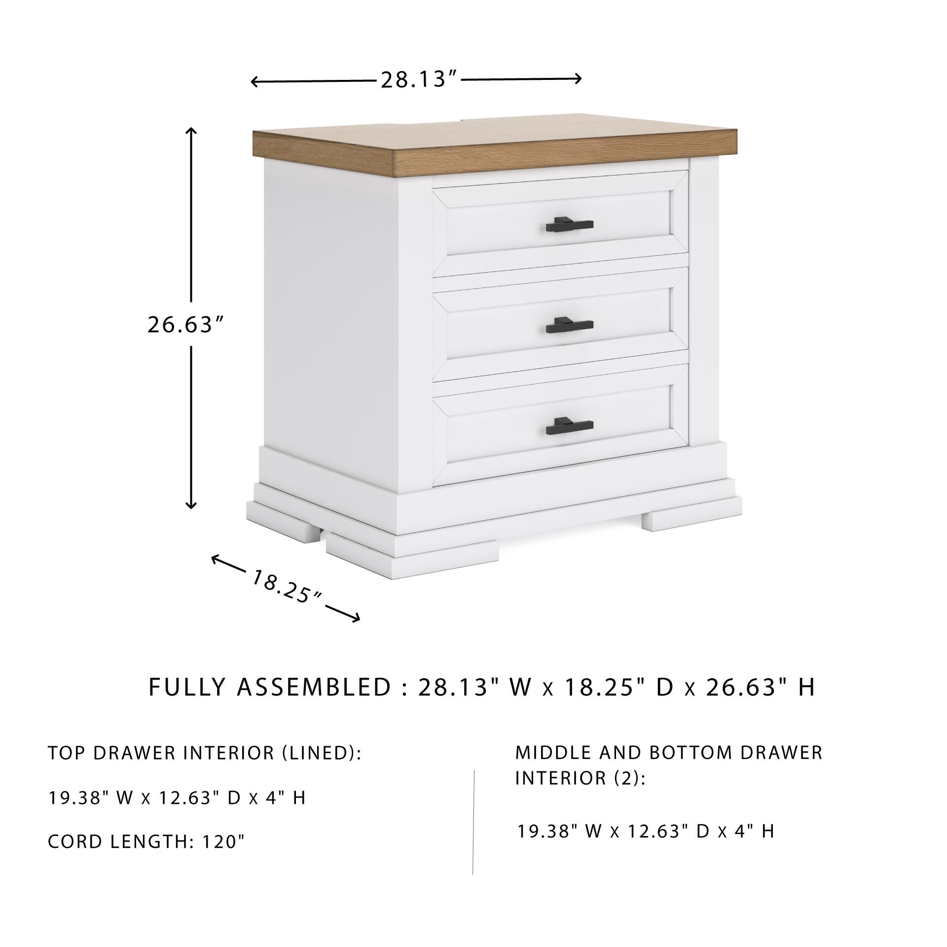 Signature Design by Ashley Ashbryn Three Drawer Farmhouse Style Nightstand – White & Natural Brown, USB Charging, Spacious Storage, Dovetail Drawers