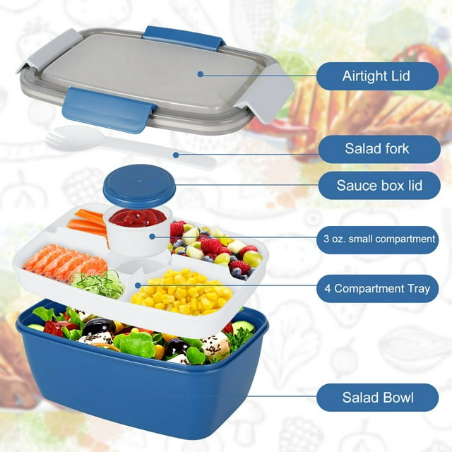 MesaSe Reusable Lunch Box 2L Salad Lunch Container with 4 Compartments Tray Leak-proof Portable Salad Bowl with Fork for School Office Camping