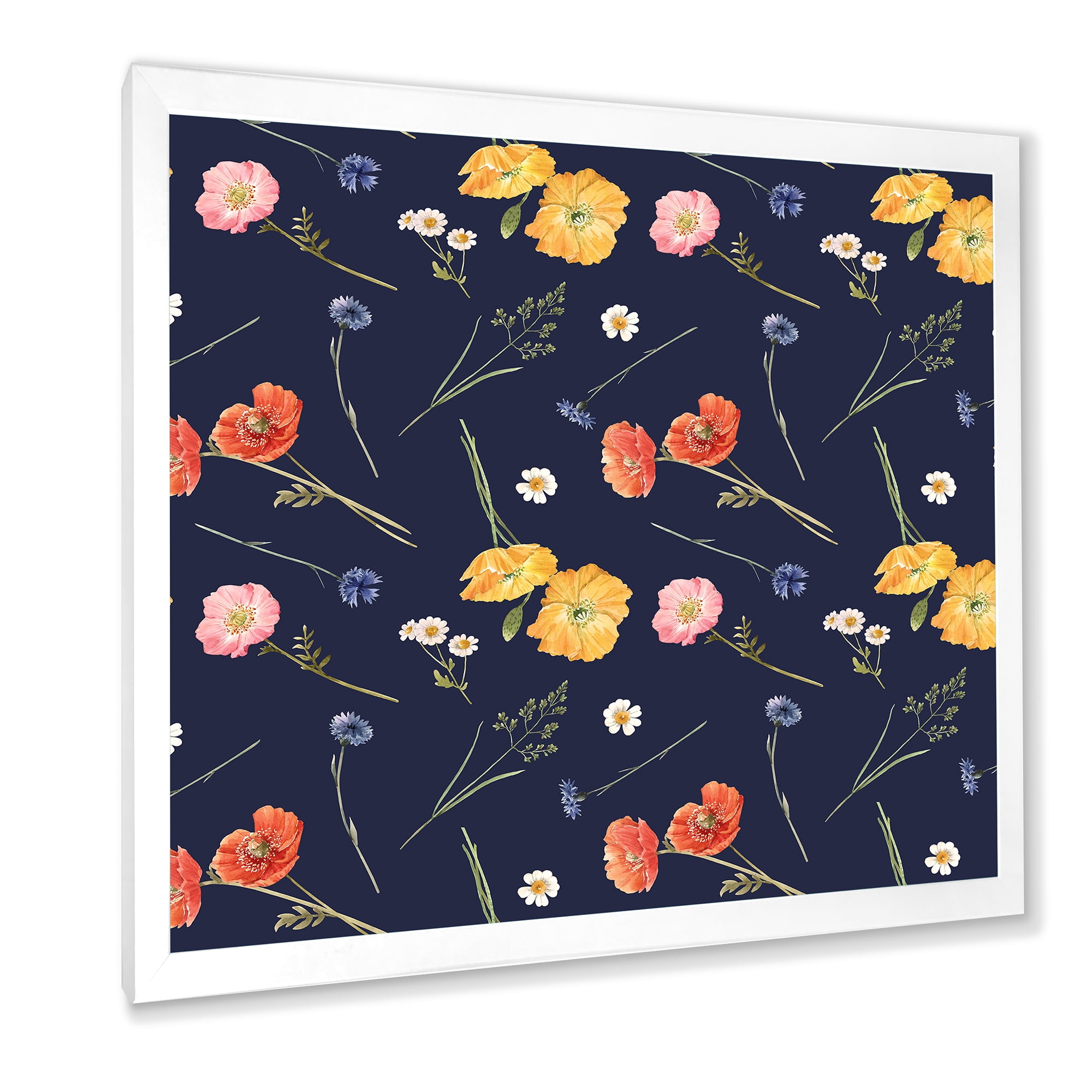 Designart 'Yellow and Orange Wild Flowers On Dark Blue' Traditional Framed Art Print