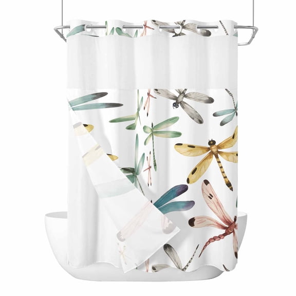 Dragonfly No Hook Shower Curtain Waterproof, Bathroom Curtains with Snap in Liners and See Through Top Window, Watercolor Colorful Nature Painting Art Hotel Style Bathtub Curtains Shower 48"Wx72"L
