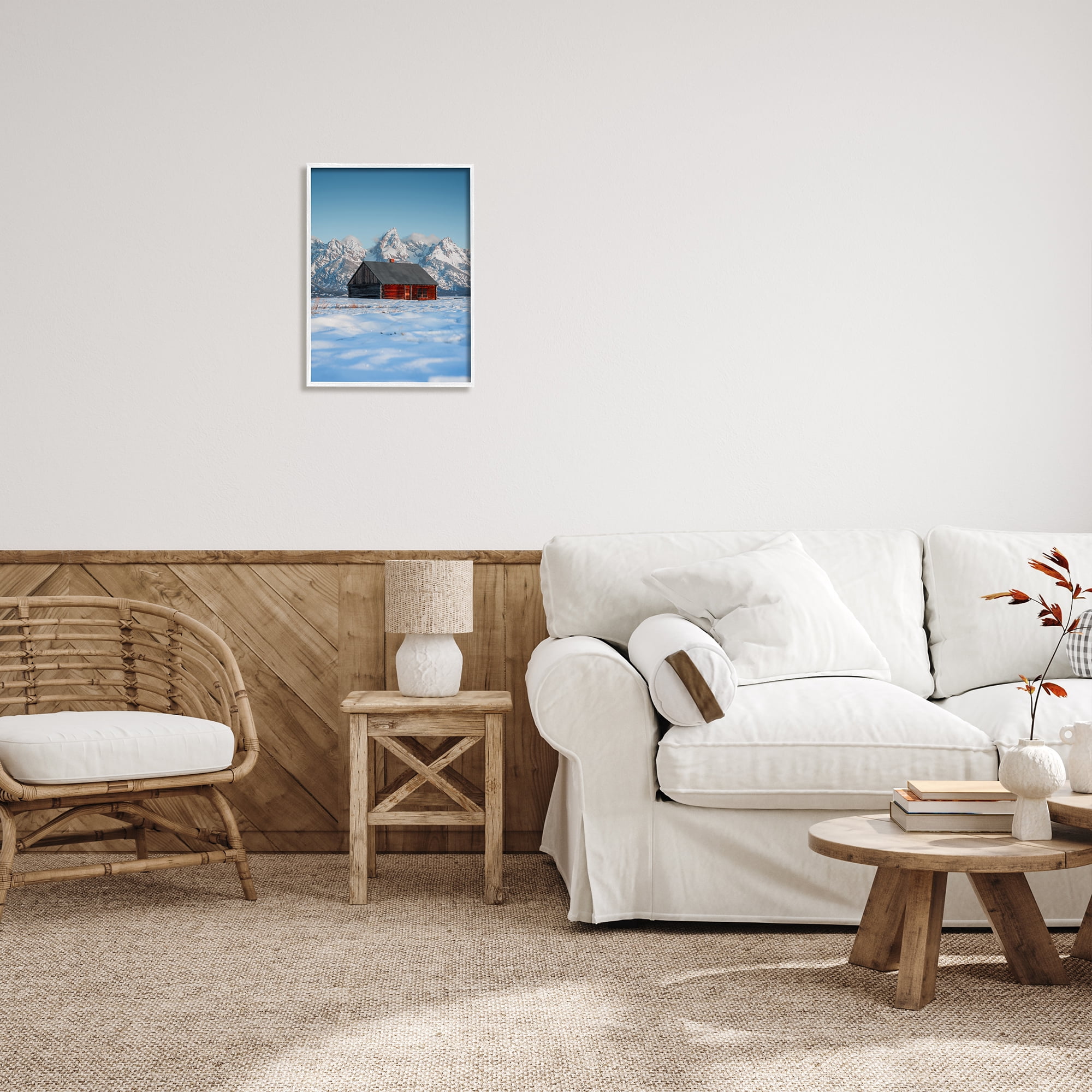Stupell Industries Cabin in Snowy Mountains Landscape Photography White Framed Art Print Wall Art, 16 x 20