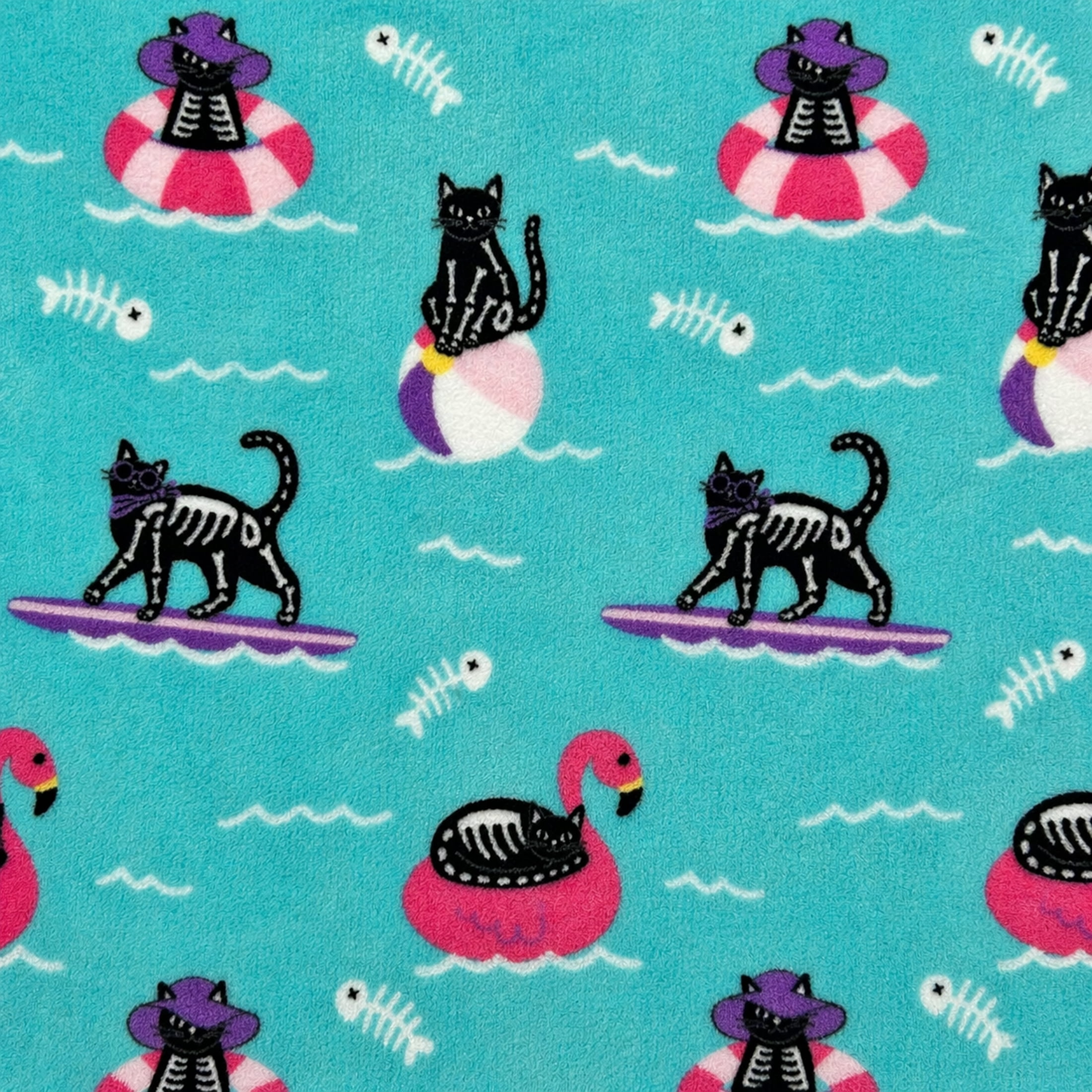 Summerween Oversize Super Soft Plush Throw Blankets, Summer Patio Pool Halloween Throws, SKELETON CATS