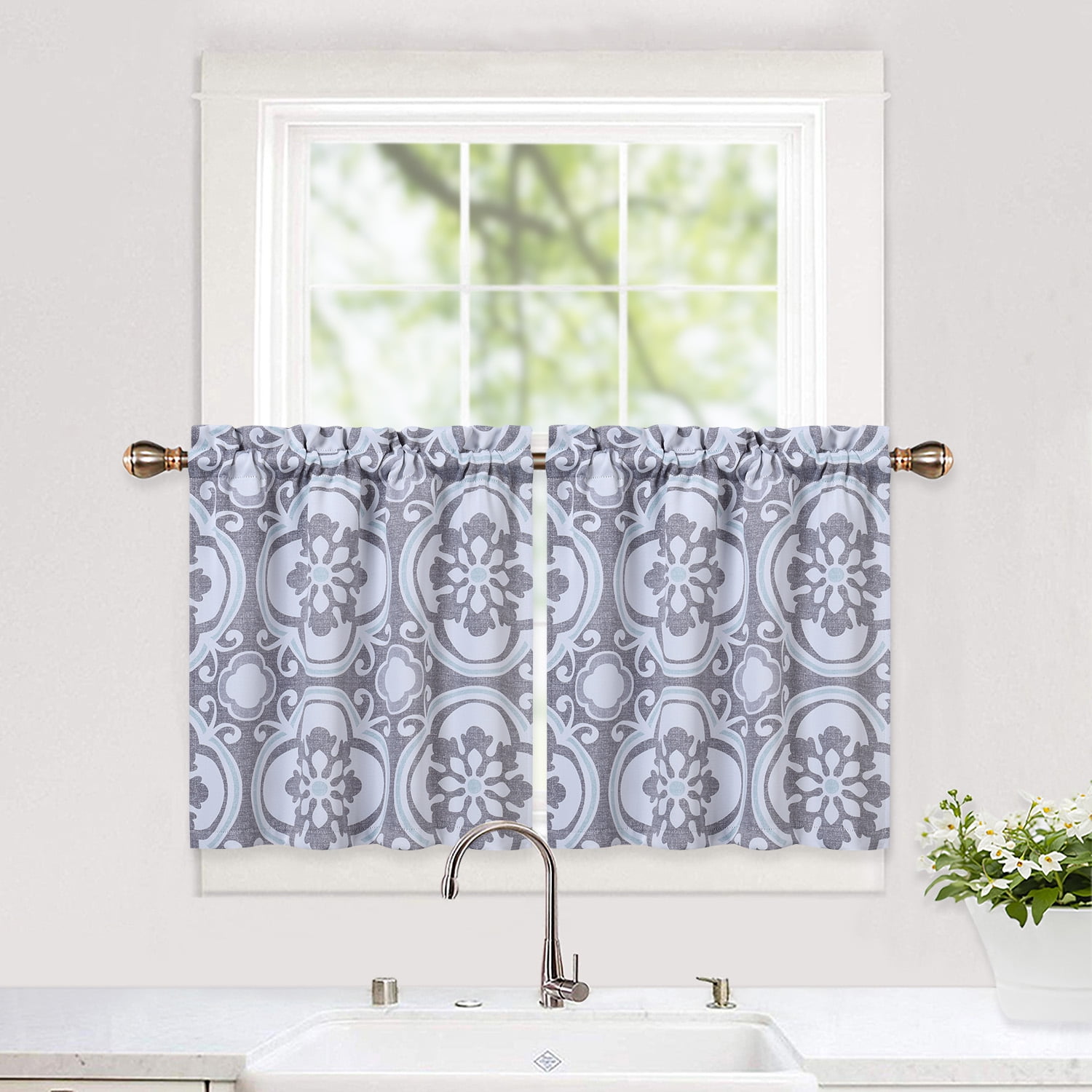 HOMERRY Kitchen Curtains Medallion Printed Blackout Bathroom Window Curtain Half Window Treatment Set, Gray, 26'W x 24'L, 2 Panels