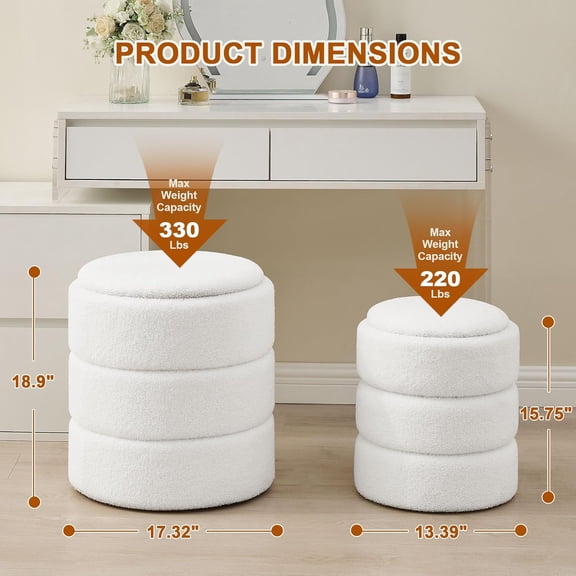 Round Ottoman with Storage Set of 2, Soft Teddy Velvet Upholstered Foot Stool Vanity Chairs, Support 330lbs Padded  Multifunctional Ottomans Footrest for Living Room, White