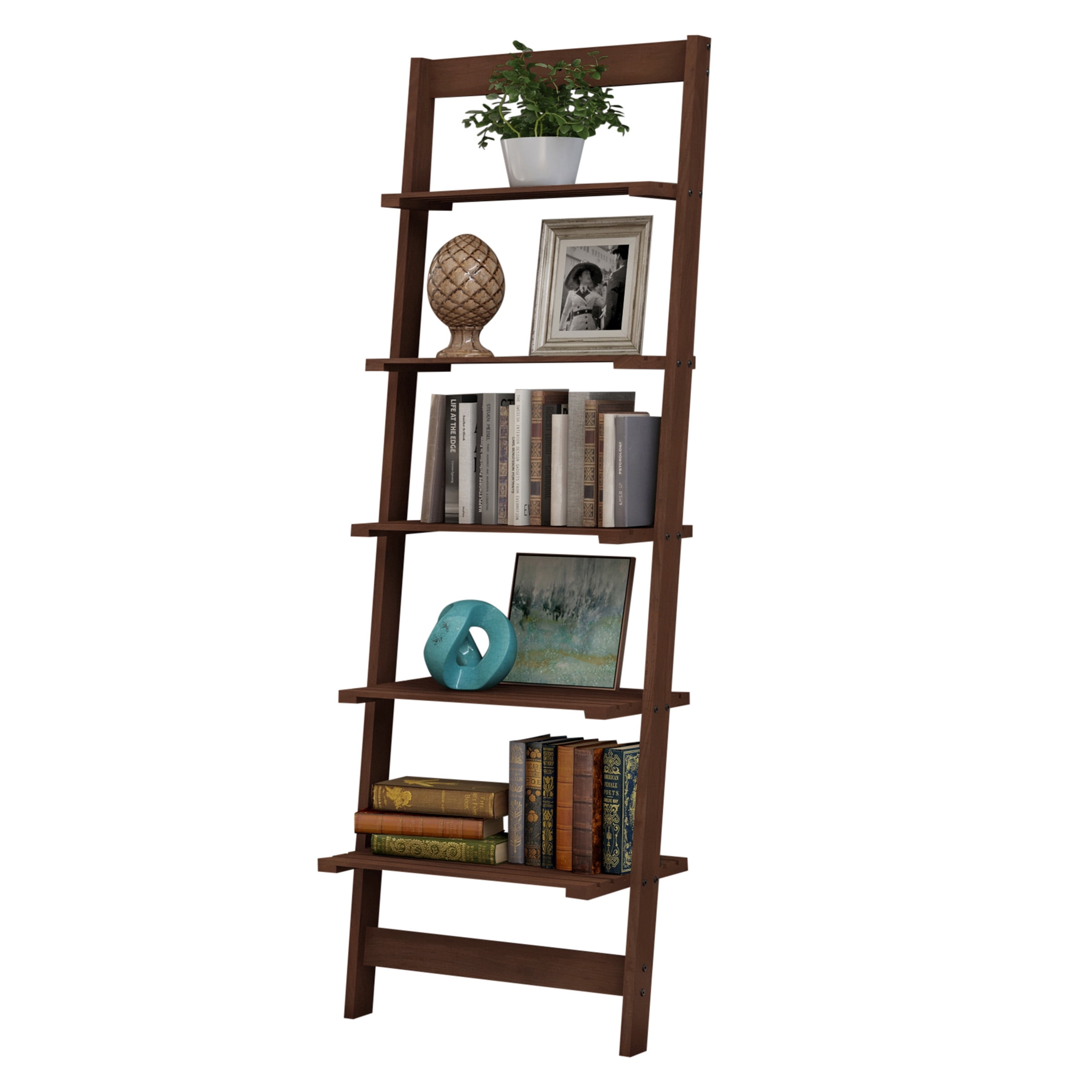 Lavish Home 5-Tier Slatted Wood Leaning Ladder Shelf in Walnut Finish for Narrow Storage