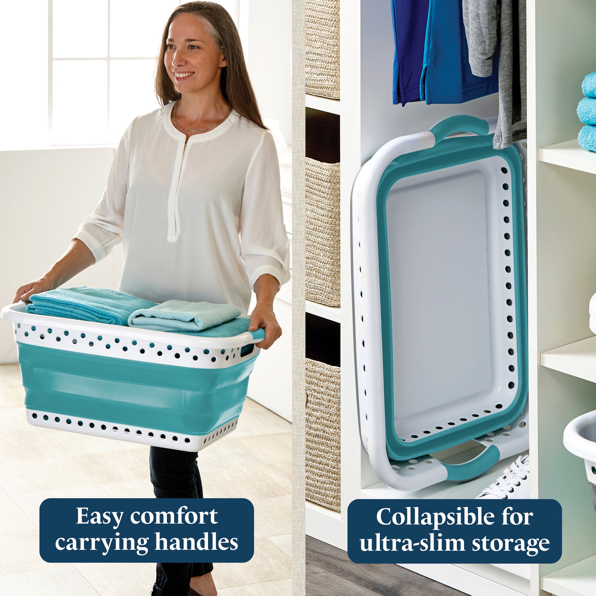 Blue Door Collapsible Laundry Basket Portable Pop Up Plastic Laundry Hamper with Dual Grip, 10.5-Gallon Teal