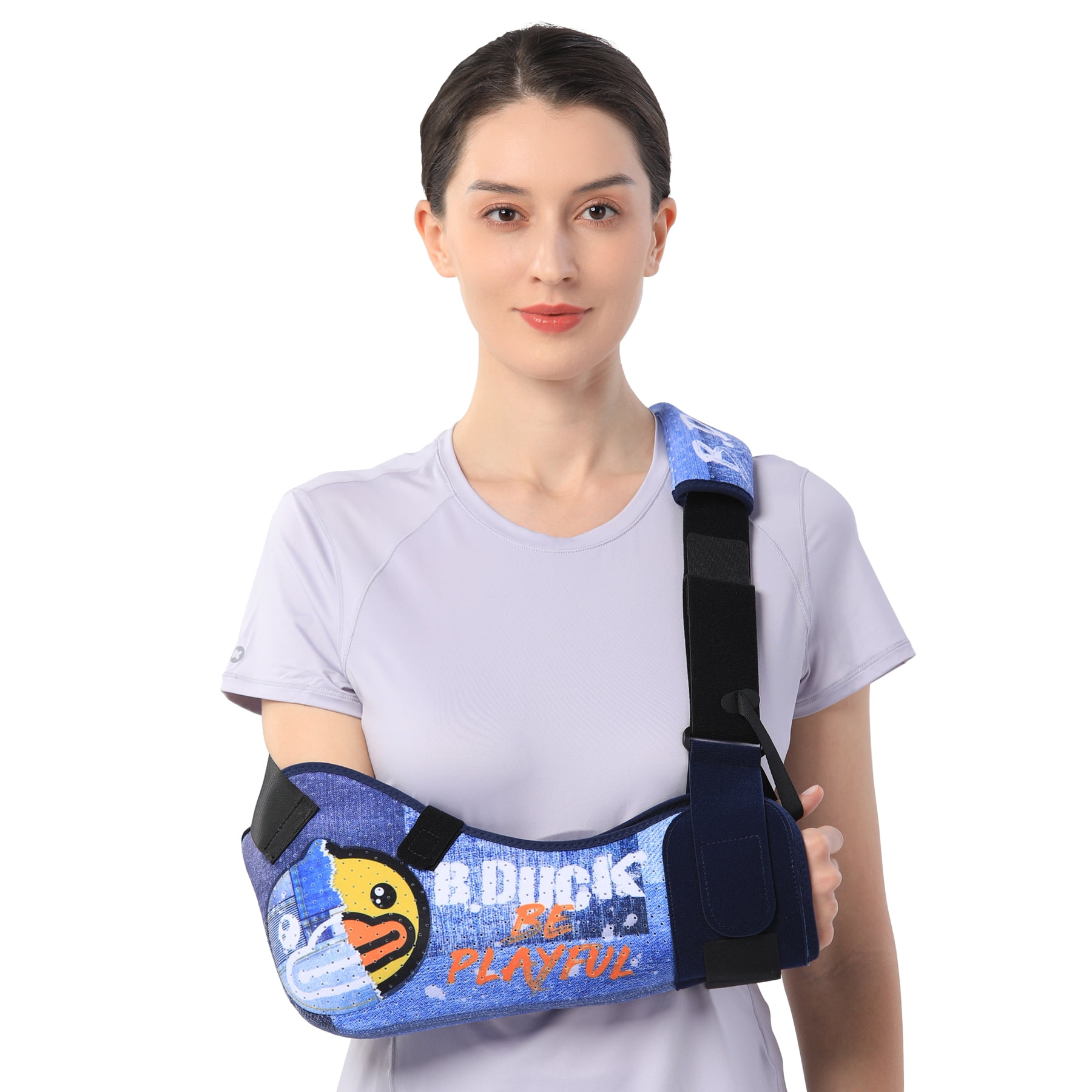 Velpeau Arm Sling with Waist Strap -Sponge Filled Holder Support Brace for Shoulder, Rotator Cuff, Elbow, Hand injury (Comfort-Duck Print, Left, L)