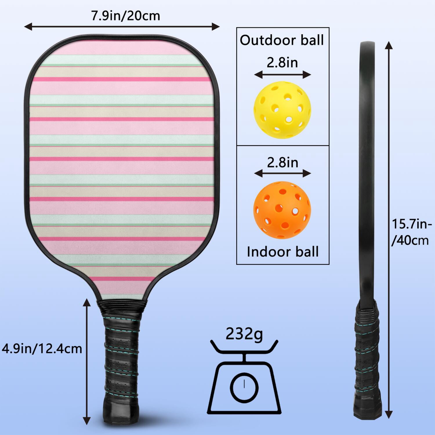 Pickleball Paddles Set Of 1, Fiberglass Surface, Colorful Lines Print, 1 Paddle, 2 Balls & Bag