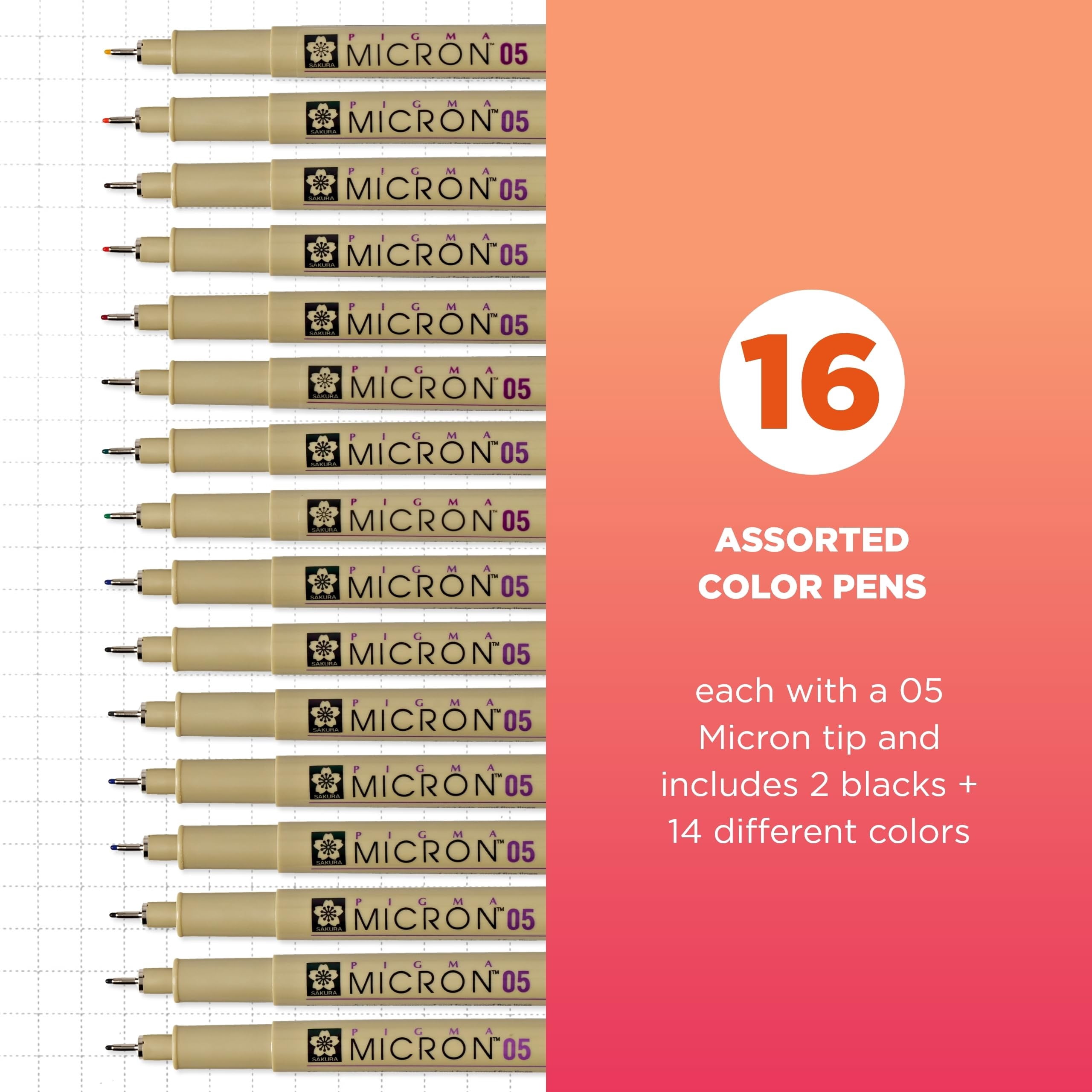 Sakura Pigma Micron Fineliner Pens - Archival Black and Colored Ink Pens - For Writing, Drawing, or Journaling - Black and Colored Ink - 05 Point Size - 16 Pack