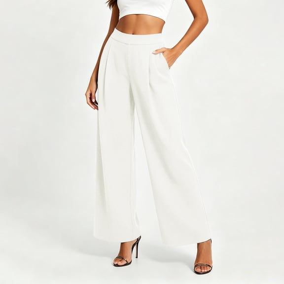 PInxai Business Casual Pants for Women Elastic Waisted Ruched Wide Leg Pants Office Work Pants Trousers with Pockets,White,XL