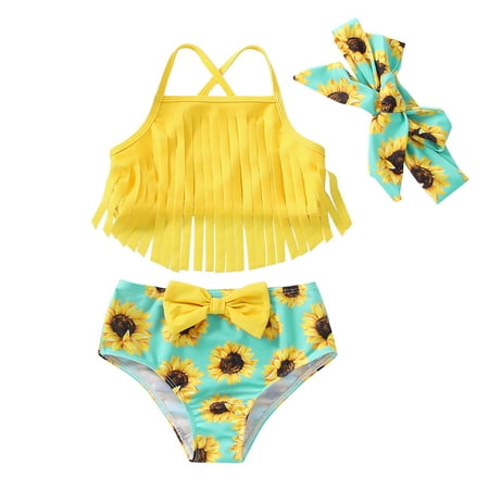 

Toddler Girls Swimsuits Kids Summer Bowknot Sunflower Printed Lovely Tassel 3PCS Swimwear Beachwear Bikini Headband Set Baby Clothing